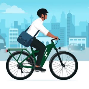 A cartoon image of a person riding a electric bicycle