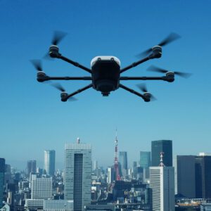 A shot of a drone flying with a the city in the back